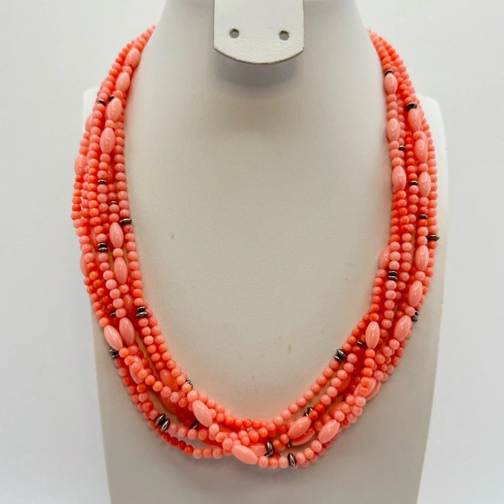 Vintage Multi Strand Pink Coral Beaded Necklace Sterling Silver Toggle 20”